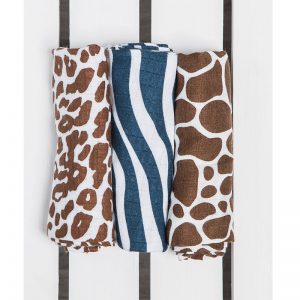 Lennylamb Muslin Square Set 70x70cm - Cheetah Brown & White, Giraffe Brown & Cream, Zebra Navy Blue & White (1)