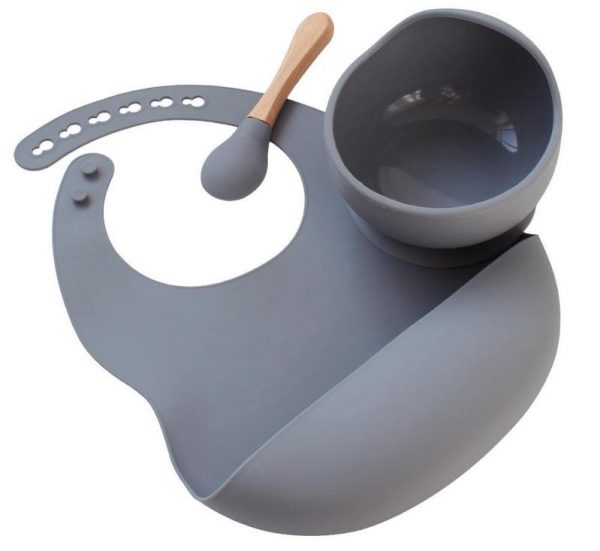 Silicone Bib + Bowl Set - Stone Grey - Cookie Dealer